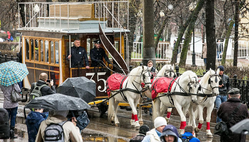 Конка образца 1874 года на «Дне рождения Московского трамвая» 16 апреля 2016 года. Фото: Пресс-служба Правительства Москвы